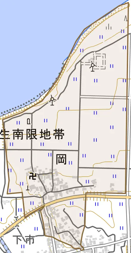 岡とその周辺の地図。町の範囲を重ねている