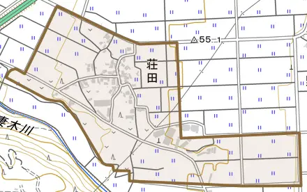 荘田とその周辺の地図。町の範囲を重ねている