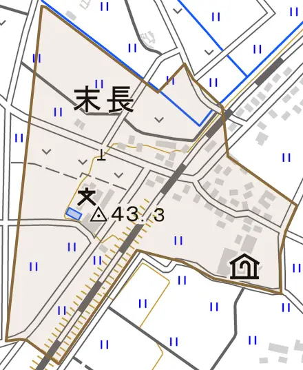 末長とその周辺の地図。町の範囲を重ねている
