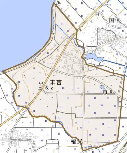 末吉とその周辺の地図。町の範囲を重ねている