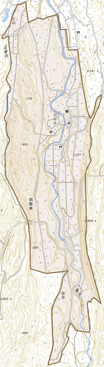 羽田井とその周辺の地図。町の範囲を重ねている