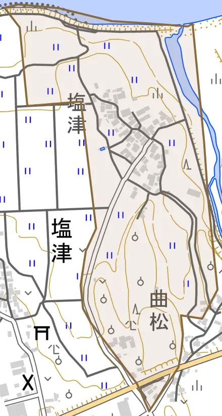 塩津とその周辺の地図。町の範囲を重ねている