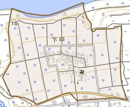 下甲とその周辺の地図。町の範囲を重ねている