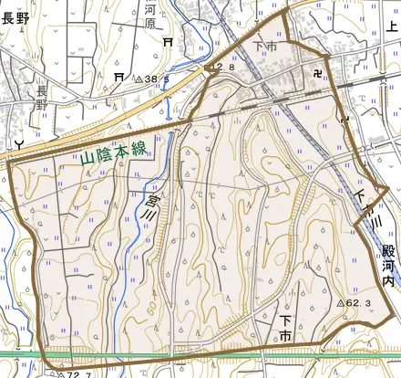 下市とその周辺の地図。町の範囲を重ねている