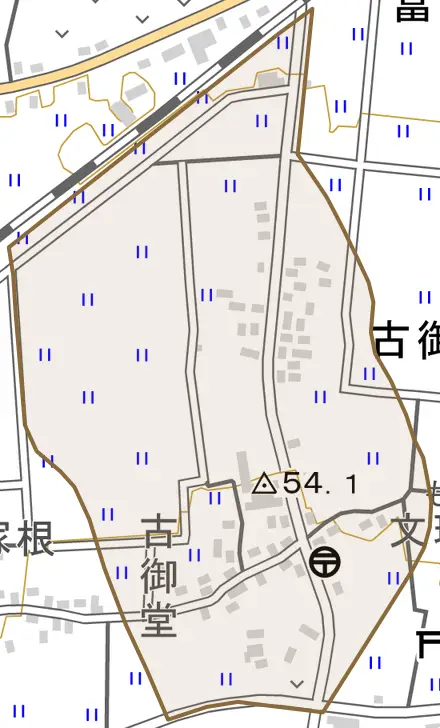 古御堂とその周辺の地図。町の範囲を重ねている