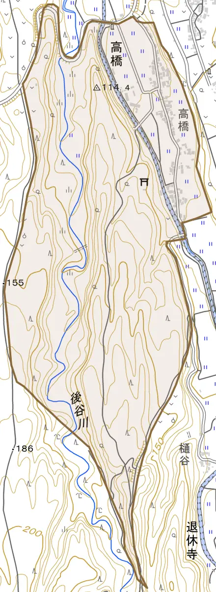 高橋とその周辺の地図。町の範囲を重ねている