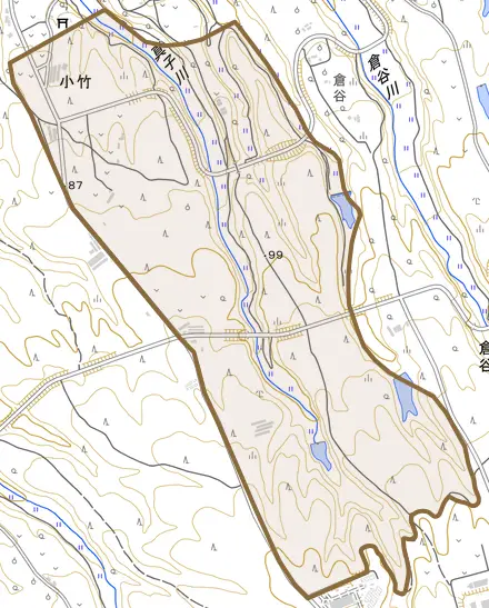 小竹とその周辺の地図。町の範囲を重ねている