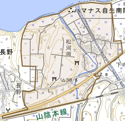 松河原とその周辺の地図。町の範囲を重ねている