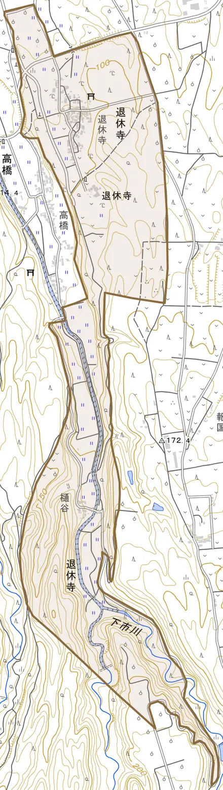 退休寺とその周辺の地図。町の範囲を重ねている