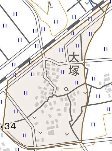 大塚とその周辺の地図。町の範囲を重ねている