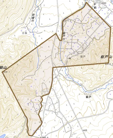 鈑戸とその周辺の地図。町の範囲を重ねている