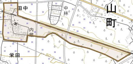 田中とその周辺の地図。町の範囲を重ねている