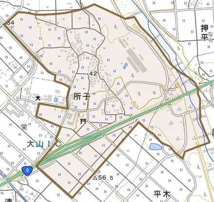所子とその周辺の地図。町の範囲を重ねている