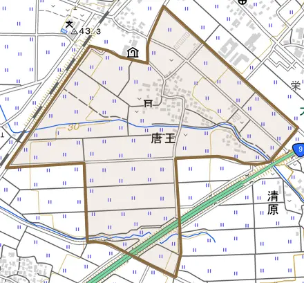 唐王とその周辺の地図。町の範囲を重ねている