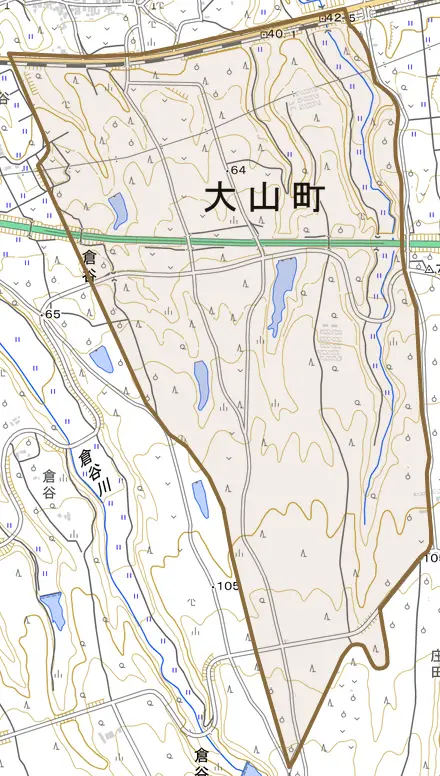豊成とその周辺の地図。町の範囲を重ねている