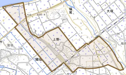 上野とその周辺の地図。町の範囲を重ねている