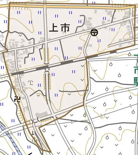 上市とその周辺の地図。町の範囲を重ねている
