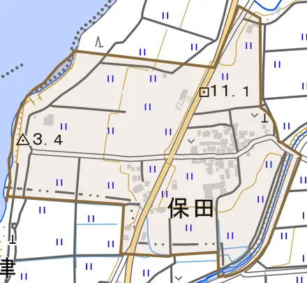 保田とその周辺の地図。町の範囲を重ねている