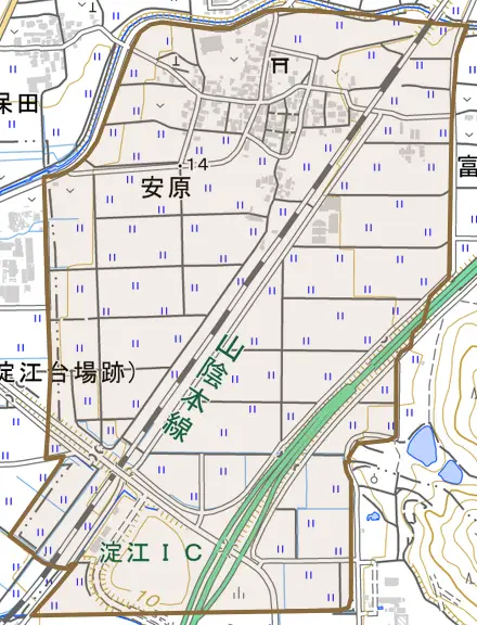 安原とその周辺の地図。町の範囲を重ねている