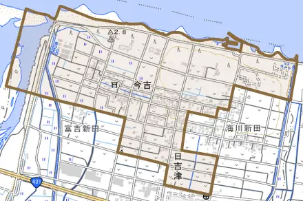 大字今吉とその周辺の地図。町の範囲を重ねている