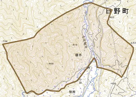 榎市とその周辺の地図。町の範囲を重ねている