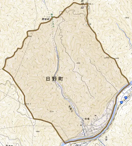 舟場とその周辺の地図。町の範囲を重ねている