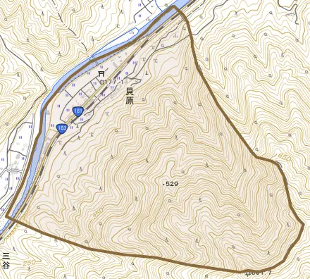 貝原とその周辺の地図。町の範囲を重ねている