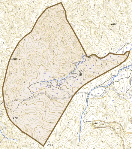 小原とその周辺の地図。町の範囲を重ねている