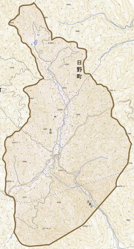 久住とその周辺の地図。町の範囲を重ねている