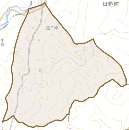 中菅とその周辺の地図。町の範囲を重ねている