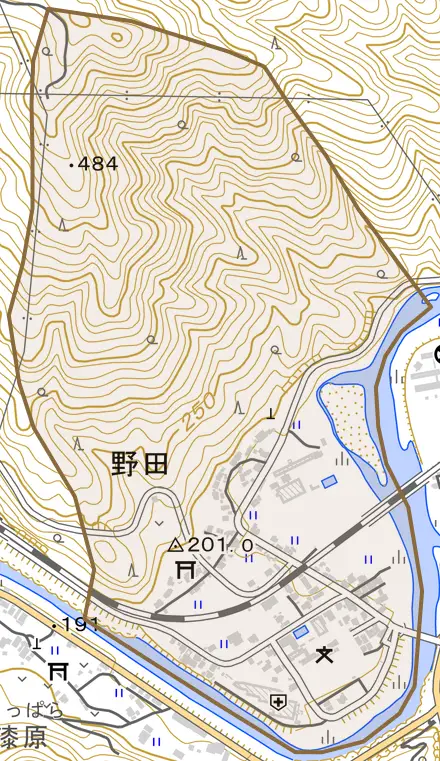 野田とその周辺の地図。町の範囲を重ねている