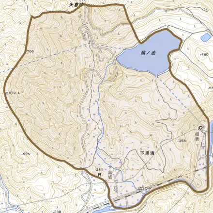 下黒坂とその周辺の地図。町の範囲を重ねている