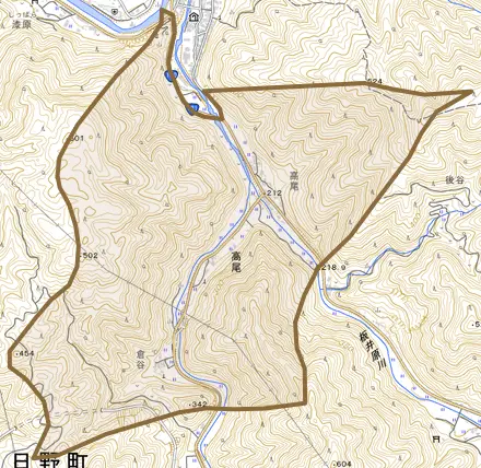 高尾とその周辺の地図。町の範囲を重ねている