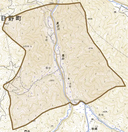 濁谷とその周辺の地図。町の範囲を重ねている