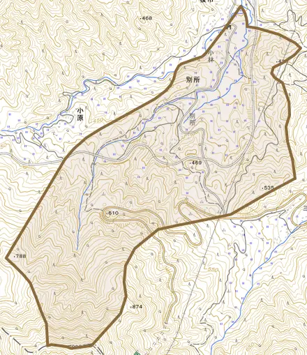 別所とその周辺の地図。町の範囲を重ねている
