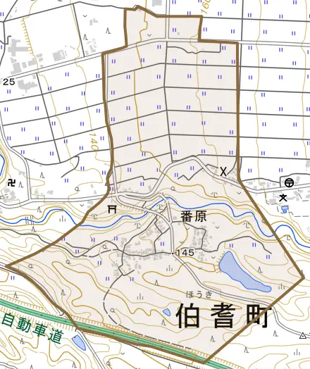 番原とその周辺の地図。町の範囲を重ねている