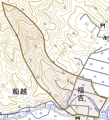 福吉とその周辺の地図。町の範囲を重ねている