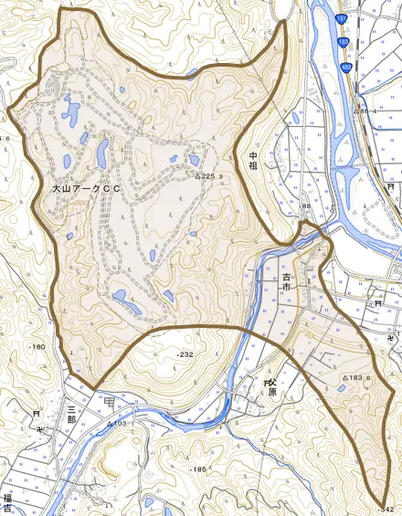 古市とその周辺の地図。町の範囲を重ねている