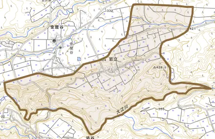 岩立とその周辺の地図。町の範囲を重ねている