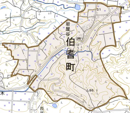 岩屋谷とその周辺の地図。町の範囲を重ねている