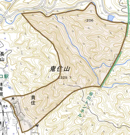 貴住とその周辺の地図。町の範囲を重ねている