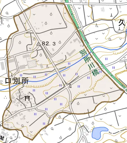 口別所とその周辺の地図。町の範囲を重ねている