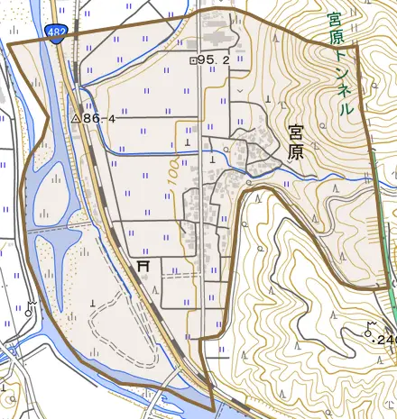 宮原とその周辺の地図。町の範囲を重ねている