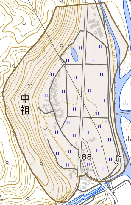 中祖とその周辺の地図。町の範囲を重ねている