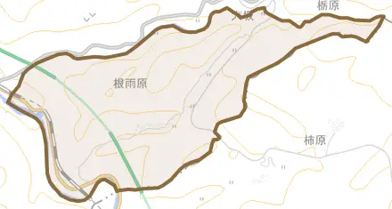 根雨原とその周辺の地図。町の範囲を重ねている