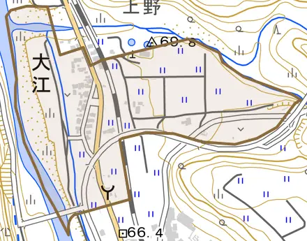 大江とその周辺の地図。町の範囲を重ねている
