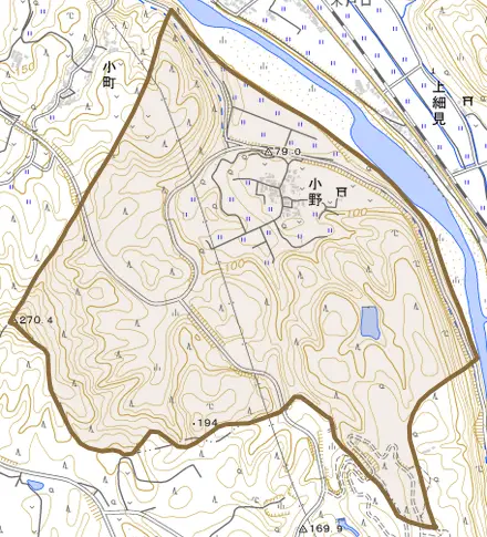 小野とその周辺の地図。町の範囲を重ねている