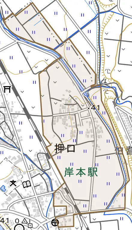押口とその周辺の地図。町の範囲を重ねている