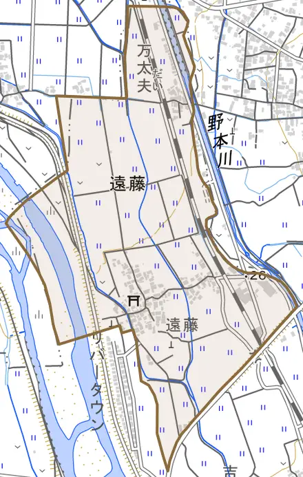 遠藤とその周辺の地図。町の範囲を重ねている
