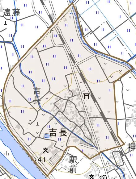 吉長とその周辺の地図。町の範囲を重ねている